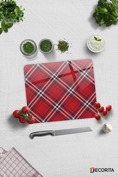 Decorita Red-White Plaid Patterned Glass Cutting Board - 29cm X 34cm