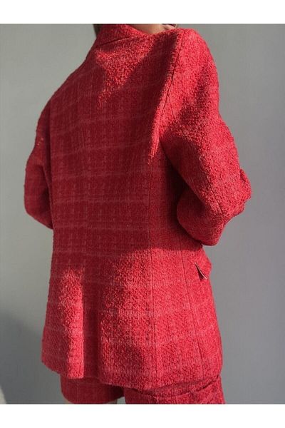 ModaAzra Red Gold Button Detail Double Breasted Design Tweed Jacket