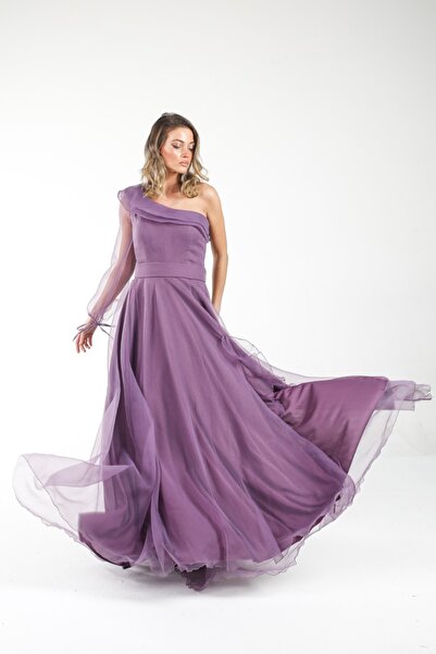 ALİS DRESS Lavanta Rengi Çift Yaka Fırfır Detaylı Abiye