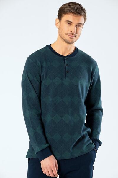 Cacharel Pamuk Jakarlı Baklava Desen Uzun Yakası Düğmeli Erkek Pijama Takım