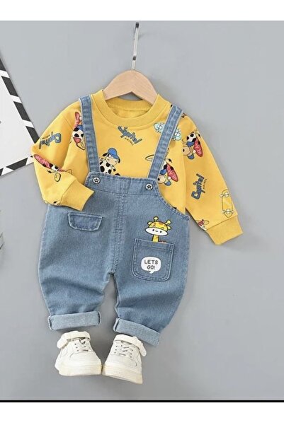 tunay moda Denim Salopet And Cow Printed Badi Combination