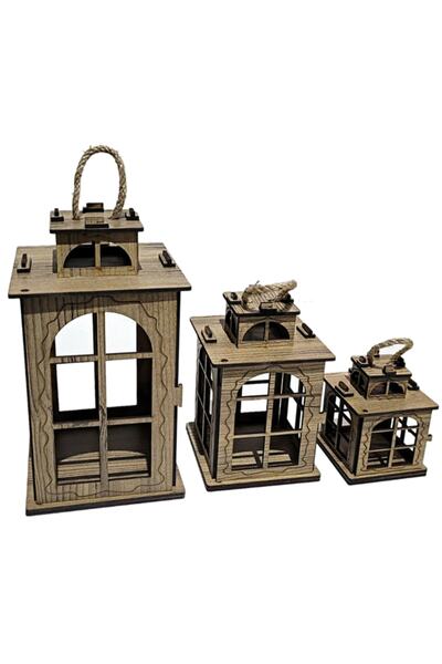 ADF TOPTAN Fener Mumluk Dekoratif Ahşap 20 Cm Lik 3 Lü Fener Şamdan Takımı