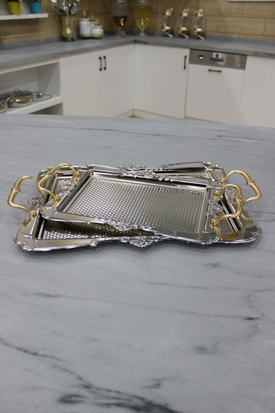 MİHMAN HOME Nostalgia Pattern Set of 2 Silver Trays