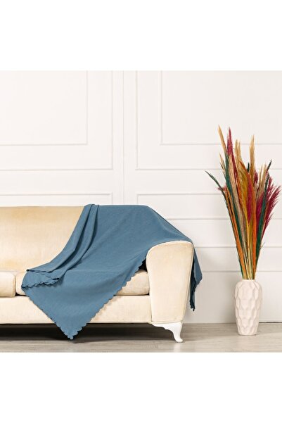 benimol Kot Mavi Dokuma Kadife Şönil Düz Kumaş Çift Taraflı Koltuk Şalı Örtüs...