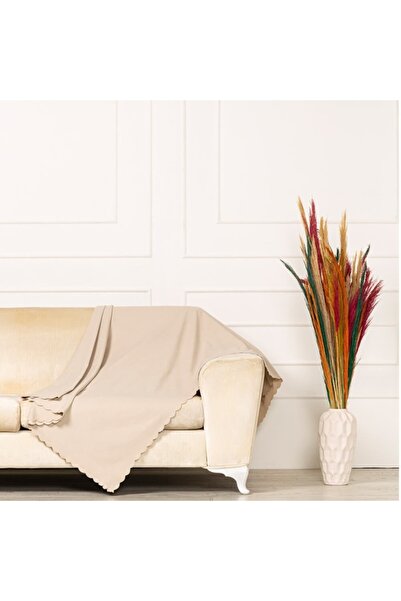 benimol Krem Renk Dokuma Kadife Şönil Düz Kumaş Çift Taraflı Koltuk Şalı Örtü...
