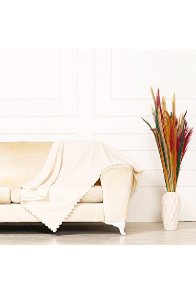 benimol Kırık Beyaz Dokuma Kadife Şönil Düz Kumaş Çift Taraflı Koltuk Şalı Ör...