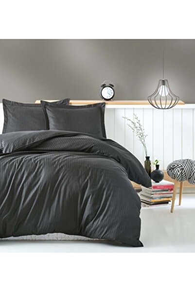 Cotton Box طقم غطاء لحاف مزدوج من الساتان القطني 100% أنيق مخطط - أنثراسايت