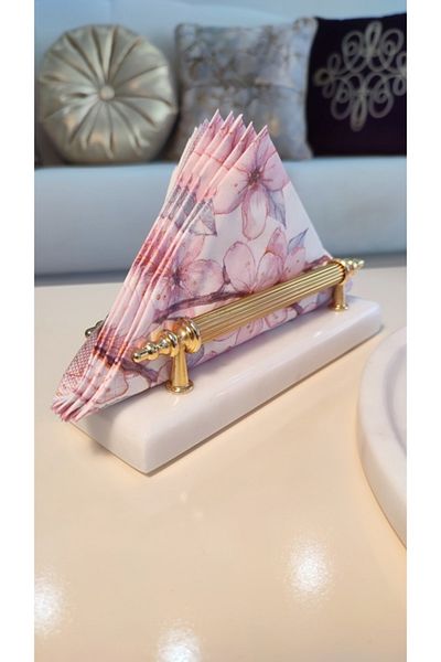 Sümeyra Marble Art Natural White Marble Base Napkin Holder | Gold