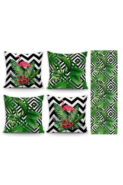 Alkan Homes غطاء وسادة بتصميم أوراق الشجر والفلامنغو + مجموعة عداء مكونة من 4...