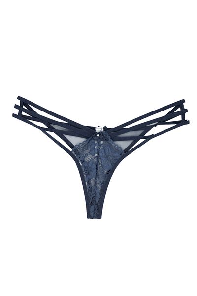 Zena Navy Blue Front and Back Tulle Side Thread Fancy Thong Women's Panties