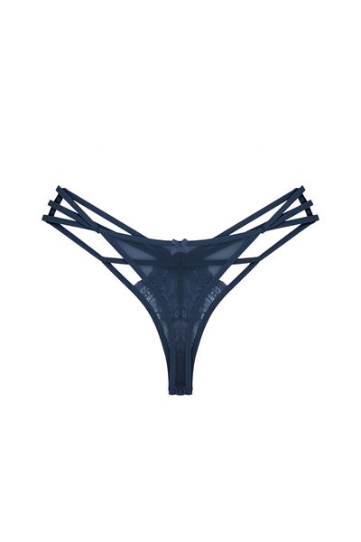 Zena Navy Blue Front and Back Tulle Side Thread Fancy Thong Women's Panties