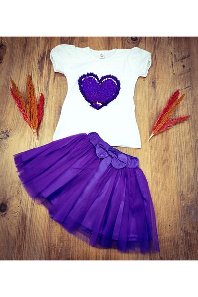 ALKANO Girl's Dream Tulle Skirt and Combed Cotton Supreme Heart Sequin Crawler T-Shirt