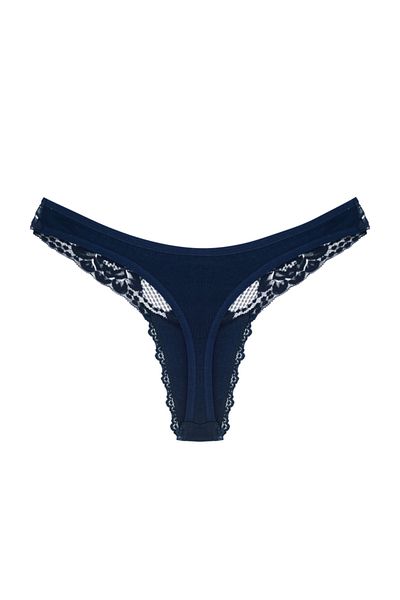 Zena Cotton Thong Women's Panties - Navy Blue, Lace Front Detail