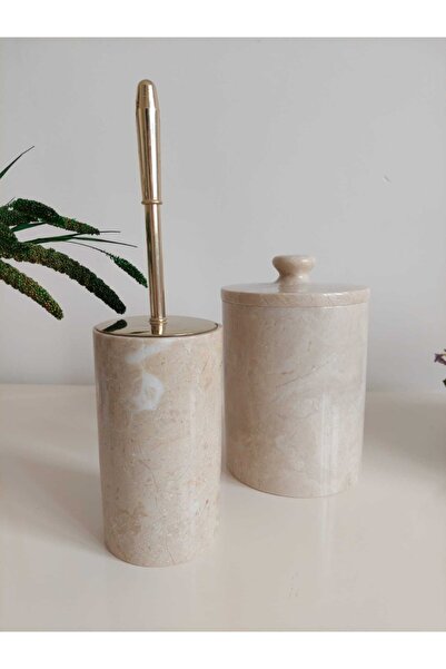Sümeyra Marble Art Διακοσμητική βούρτσα WC από φυσικό μπεζ μάρμαρο και κάδο απορριμμάτων