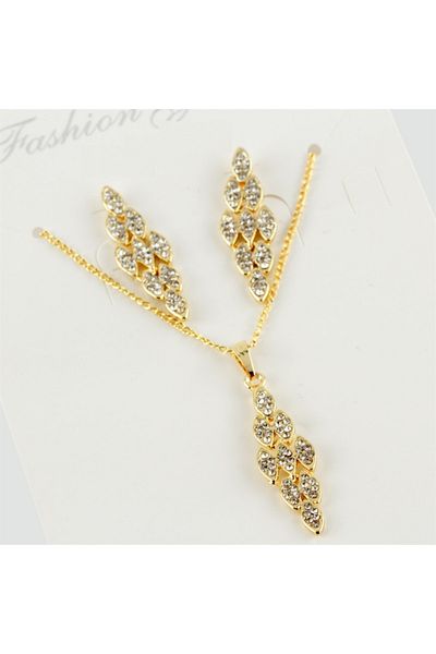 AKIN AKSESUAR HEDİYELİK Stoned Diamond Model Gold Color Necklace Earring Set