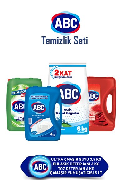 ABC Toz Çamaşır Deterjan 6 Kg+yumuşatıcı 5 Lt Aşk+sıvı Bulaşık Deterjanı 4 Kg+ultra Çamaşır Suyu 3,5 Kg
