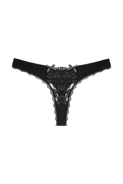 Zena Women's Thong Panties - Black with Lace Front Detail