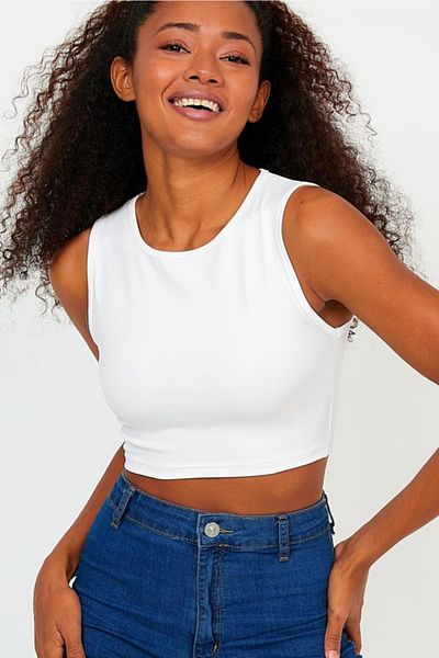 The Base Γυναικείο εκρού Crew Neck Scuba Diver Fabric Sports Crop Top