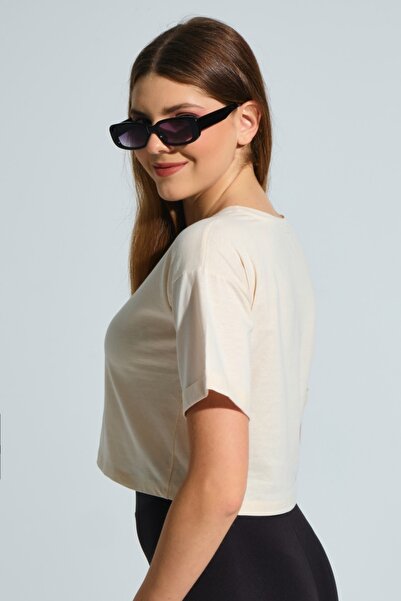 MD trend Women's Stone Double Sleeve Crew Neck Basic Crop Casual T-shirt