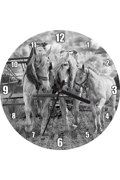 Cakatablo Harvesting Two Horses and Their Side Thai Monochrome Wall Clock (Di...