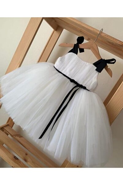 Mislina Girl's White Shouldered Black Strap Design Dress