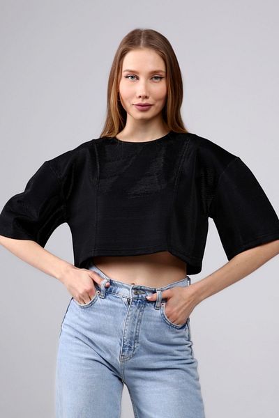 1Moda1Tarz Γυναικεία μπλούζα με μαύρη στρογγυλή λαιμόκοψη Special Glitter Fabric Design Crop