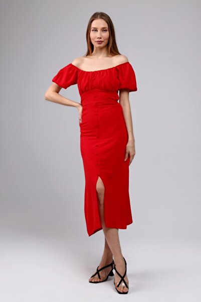 1Moda1Tarz Γυναικείο κόκκινο υφασμάτινο φόρεμα Aerobin με κουμπί μπροστά, λεπ...