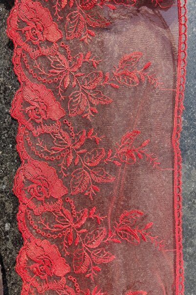 DUAYEN Kırmızı Fransız Güpür Dantel Tül Üzeri Işleme Letafet Desen 2 Metre