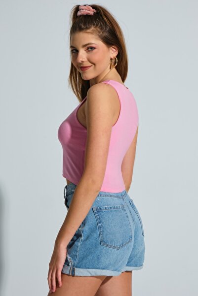 MD trend Women's Pink Strappy Basic Crop Blouse