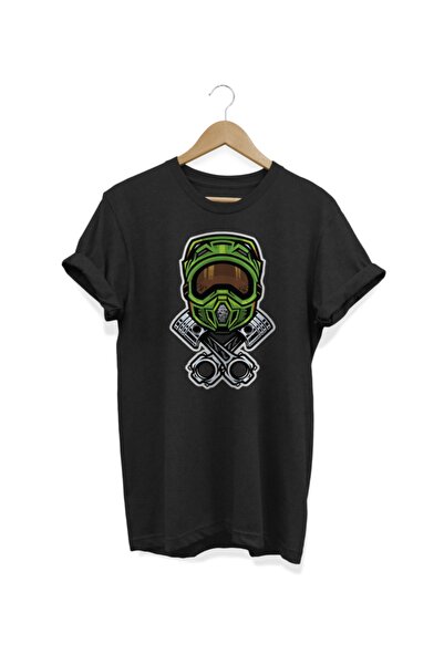WİDİ Tricou negru cu imprimeu motocicletă pentru bărbați