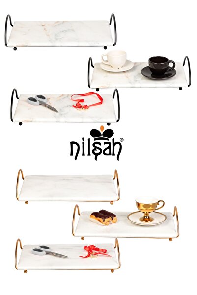 nilşah Dikdörtgen Oval Tel Detaylı Doğal Mermer 20x30 Sunum Tepsisi Gold