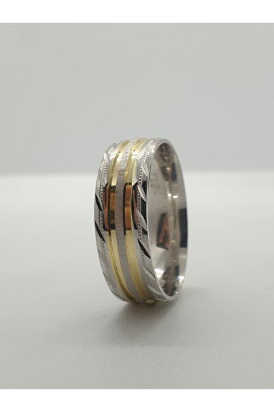 Gri Gümüş 925 Ayar Gümüş Alyans, Altın Şeritli Çift Renk Tektaşlı Gümüş Alyans