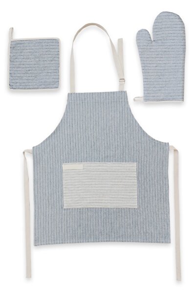 ÖDEL HOME طقم مريلة مطبخ مكونة من 3 قطع من قماش بولدان مخطط وجيب