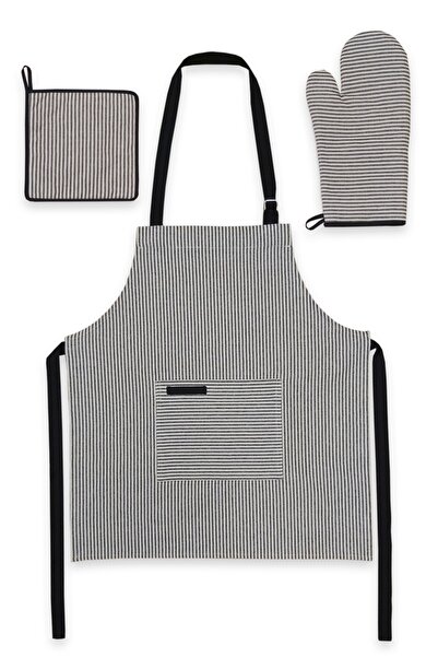 ÖDEL HOME طقم مريلة مطبخ مكونة من 3 قطع من قماش بولدان مخطط وجيب