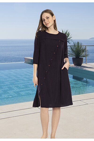 ESRATEKS Bisiklet Yaka Düğme Detaylı Fakir Kol Mor Elbise