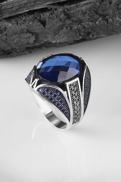 BayVog Parlament Mavisi Zirkon Taşlı 925 Ayar Erkek Gümüş Yüzük