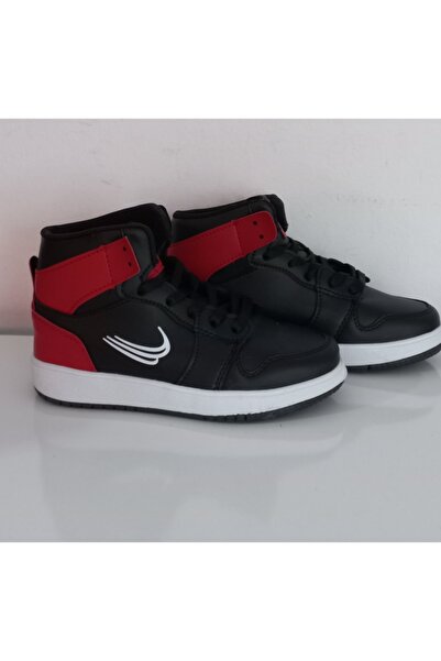 03608 Siyah-kırmızı Unisex Çocuk Bağcıklı Uzun Sneaker Spor Ayakkabısı
