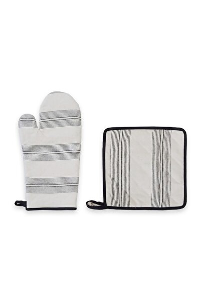 ÖDEL HOME طقم قفازات وحامل من قماش بولدان مخطط منقوش مكون من قطعتين