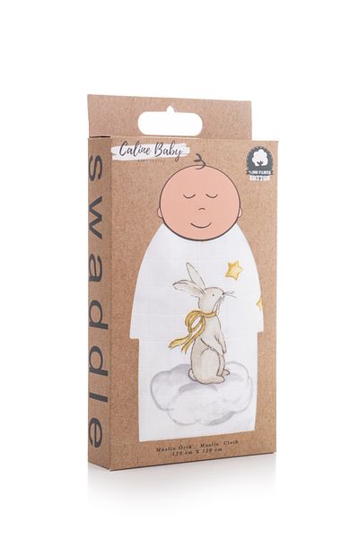 Caline Baby Muslin Cloth Rabbit Pattern - Beige 120x120 Cm 4 Mouth Wipes