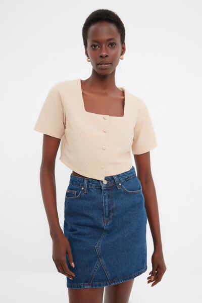 Trendyol Collection Bluză Crop Bej TWOSS22BZ0506