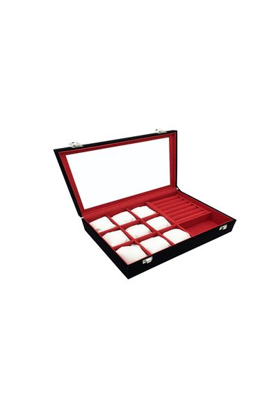 İmpala Kutu Watch Ring Cufflink And Glasses Multi-Purpose Jewelry Box Black Suede Plated Watch Box