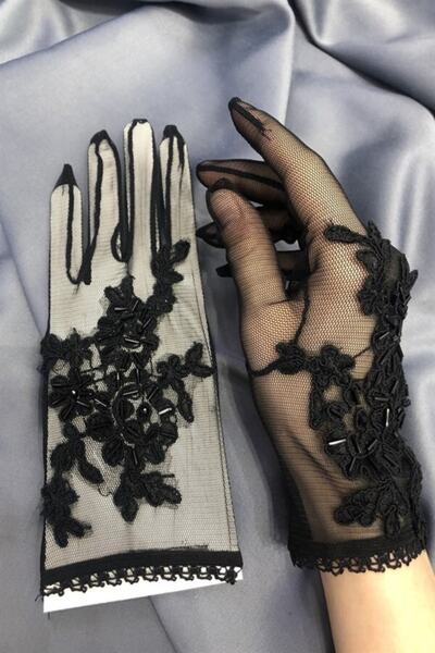 LÜX Tasarım Чорні рукавички з квітковим візерунком, прикрашені бісером