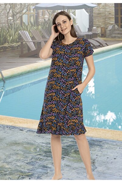 ESRATEKS Yuvarlak Yaka Kısa Kollu Çiçekli Yazlık Elbise