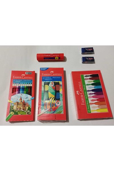 Faber Castell 12 Pieces of Curry - 12 Pieces of Pastel Paint - 2 Pieces of Faber Eraser - 12 Pieces of Watercolor - and Faber Adhesive