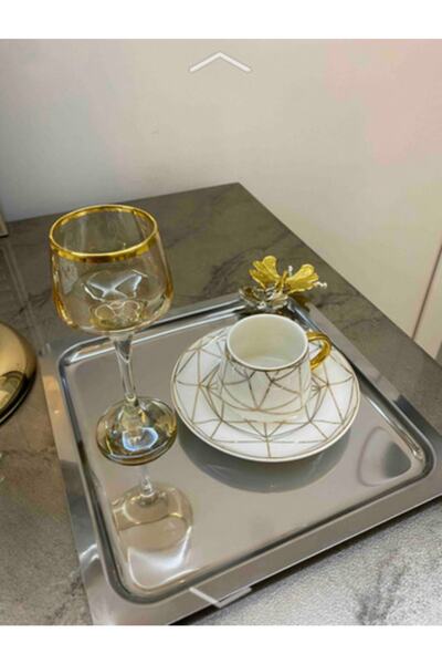 Fiyakalı Ürünler Atölyesi Stainless Steel Square 6-Piece Presentation Tray with Butterfly Accessories, Catering Tray, Coffee and Tea Presentation