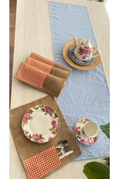 White Alamode Set de servicii americane Gingham Blue Runner și Jut Orange