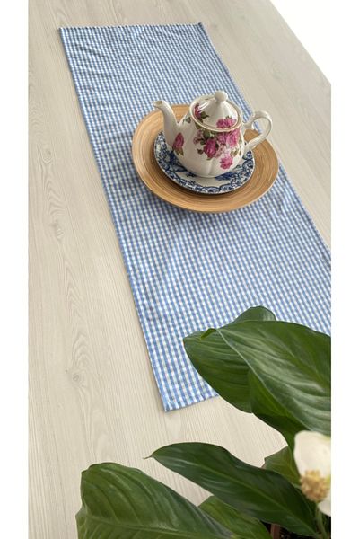 White Alamode Gingham Blue Runner 40x100εκ
