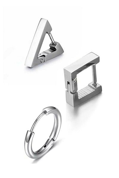 The Collection 3 Piece Set Silver Triangle Square Circle Geometry Surgical Steel Earrings