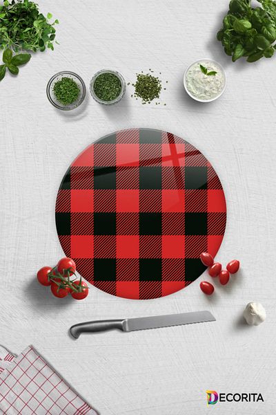 Decorita Glass Cutting Board - Glass Cutting Board |   Plaid Pattern |   Diameter 32cm