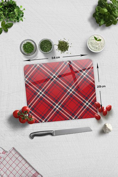 Decorita Red-White Plaid Patterned Glass Cutting Board - 29cm X 34cm